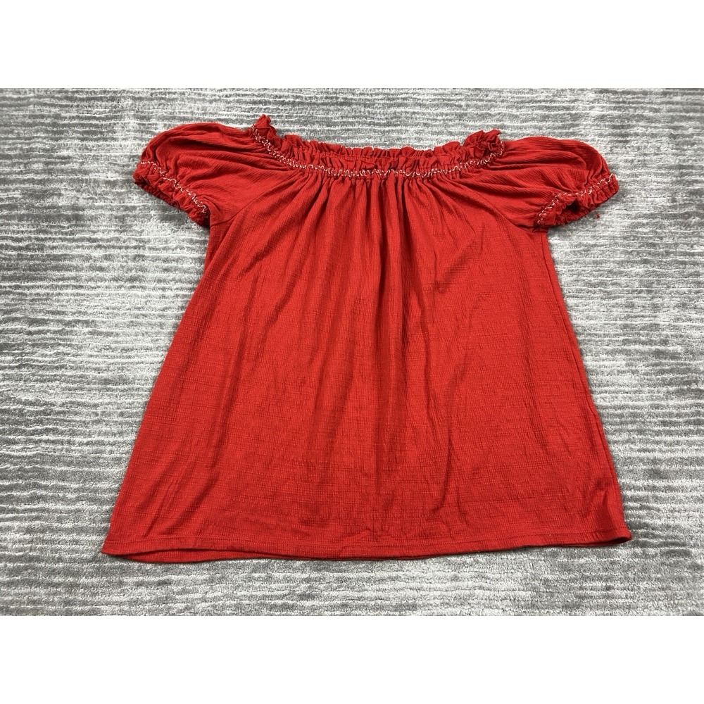 Max Studio Top Womens Medium Red Off Shoulder Short Sleeve Ruffle Boho A703S74